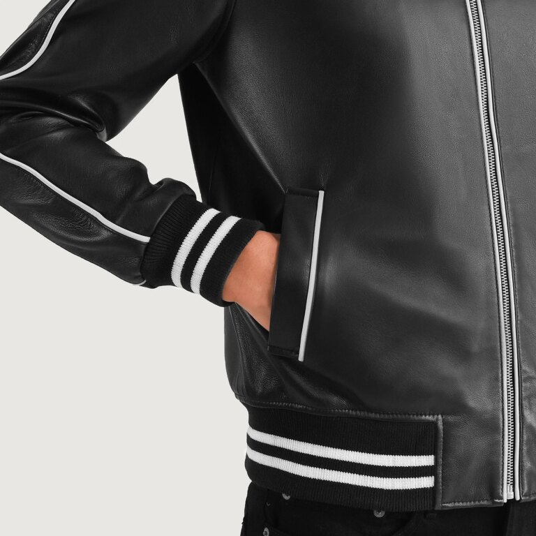 Mens Cooper Black Leather Varsity Jacket Close-Up-9-1704117529221